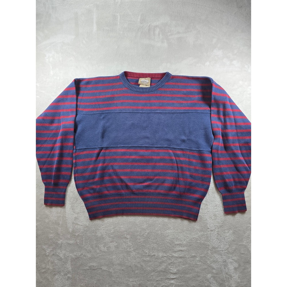 Vintage The Cotton Exchange Sweater Mens L Red Blue Striped Crew USA Made *Read
